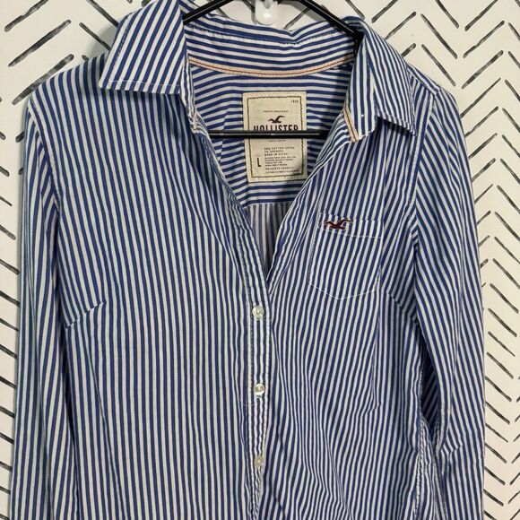 Hollister Button Down Long Sleeve Shirt Blue White Stripe Women’s Sz Large - Picture 1 of 8